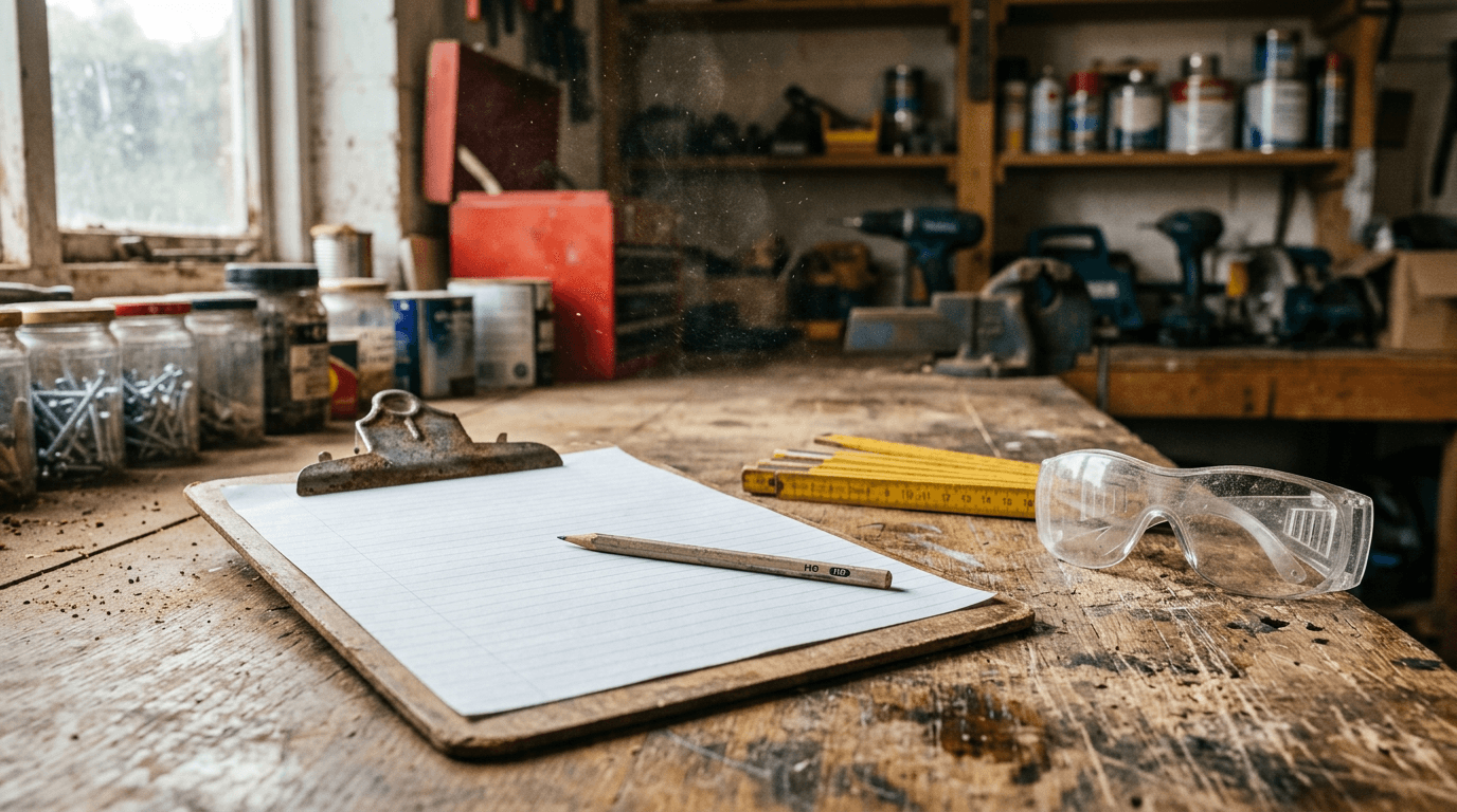 Clipboard and tools on a workbench planning an itemised home job [dedupe:taskino:blog:first-year-homeowner-hiring-trades-guide:inline-3]