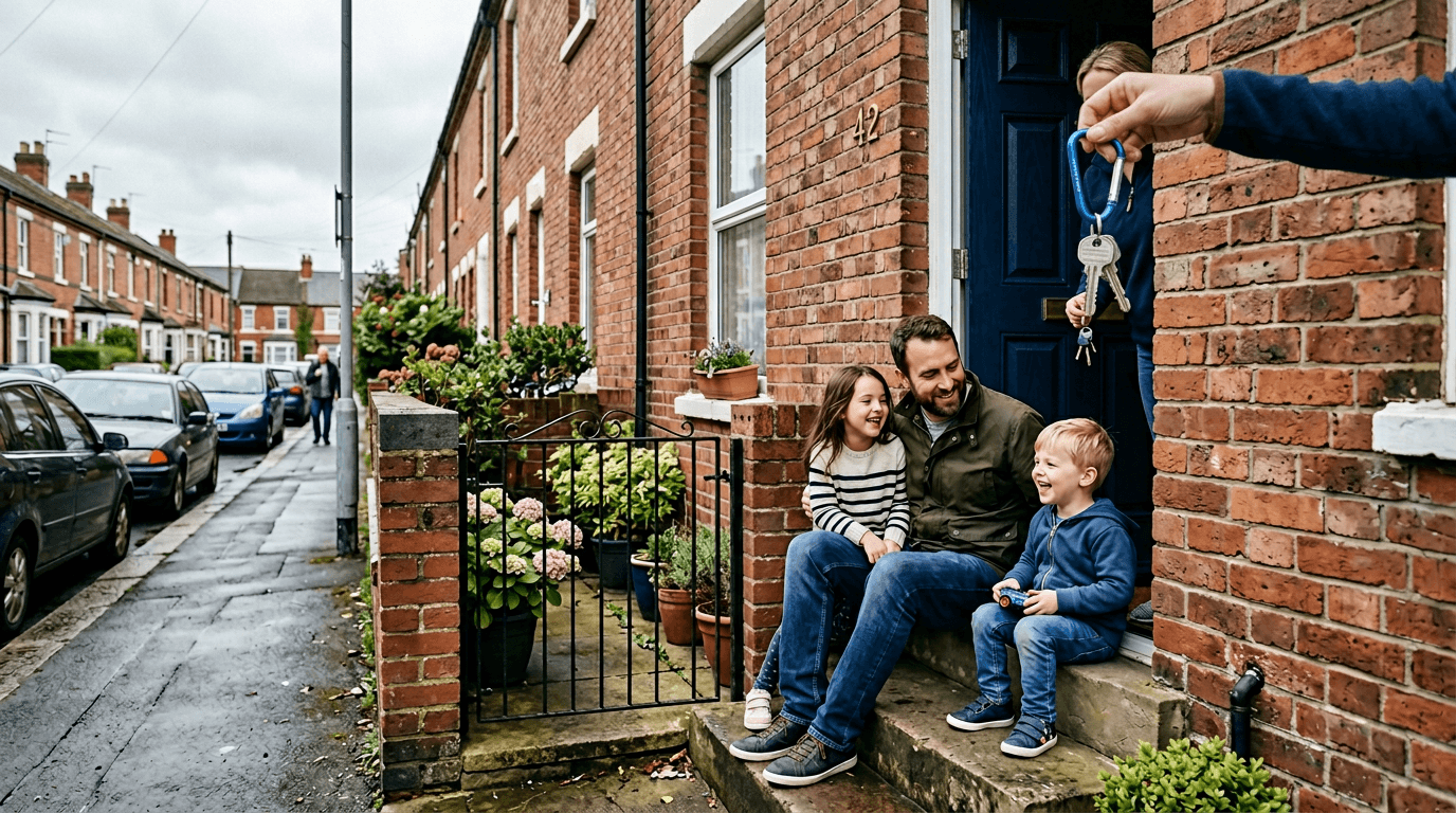 Family on the steps of a brick UK home, candid editorial photograph [dedupe:taskino:blog:first-year-homeownership-worth-it-uk:hero]