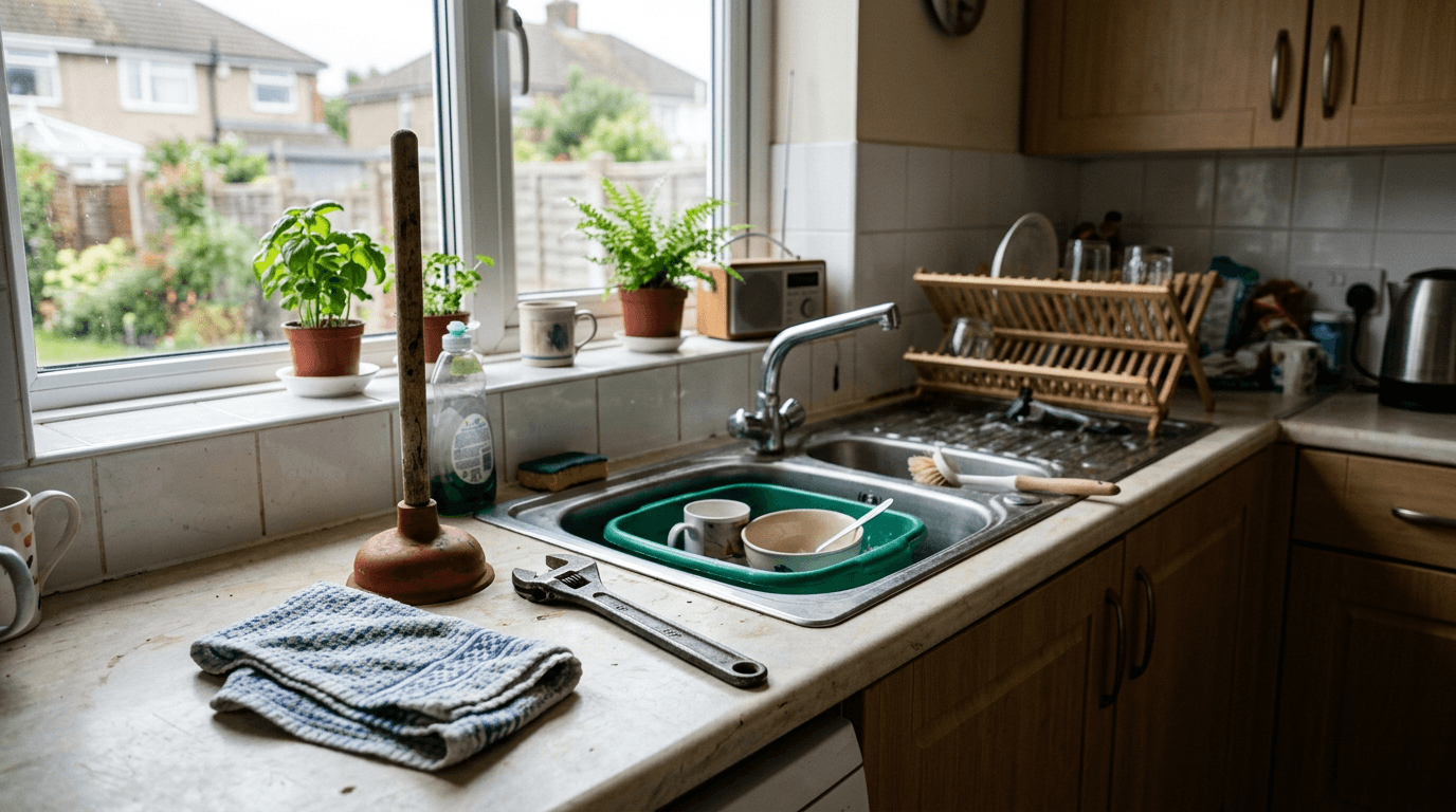 Kitchen sink area with basic tools for small home fixes, UK domestic interior [dedupe:taskino:blog:first-year-homeownership-worth-it-uk:inline-1]