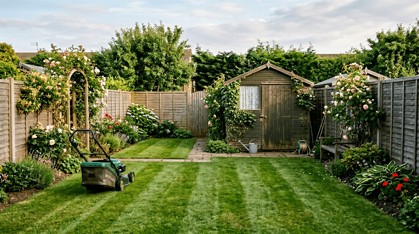 Tidy British back garden with shed and mower, everyday suburban scene [dedupe:taskino:blog:first-year-homeownership-worth-it-uk:inline-2]