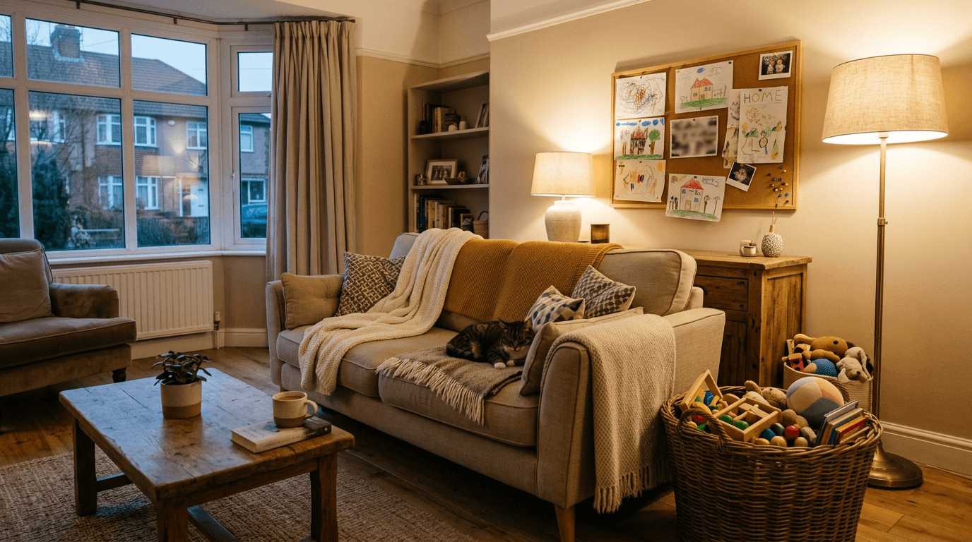 Cosy UK living room corner with soft lighting and family touches [dedupe:taskino:blog:first-year-homeownership-worth-it-uk:inline-3]