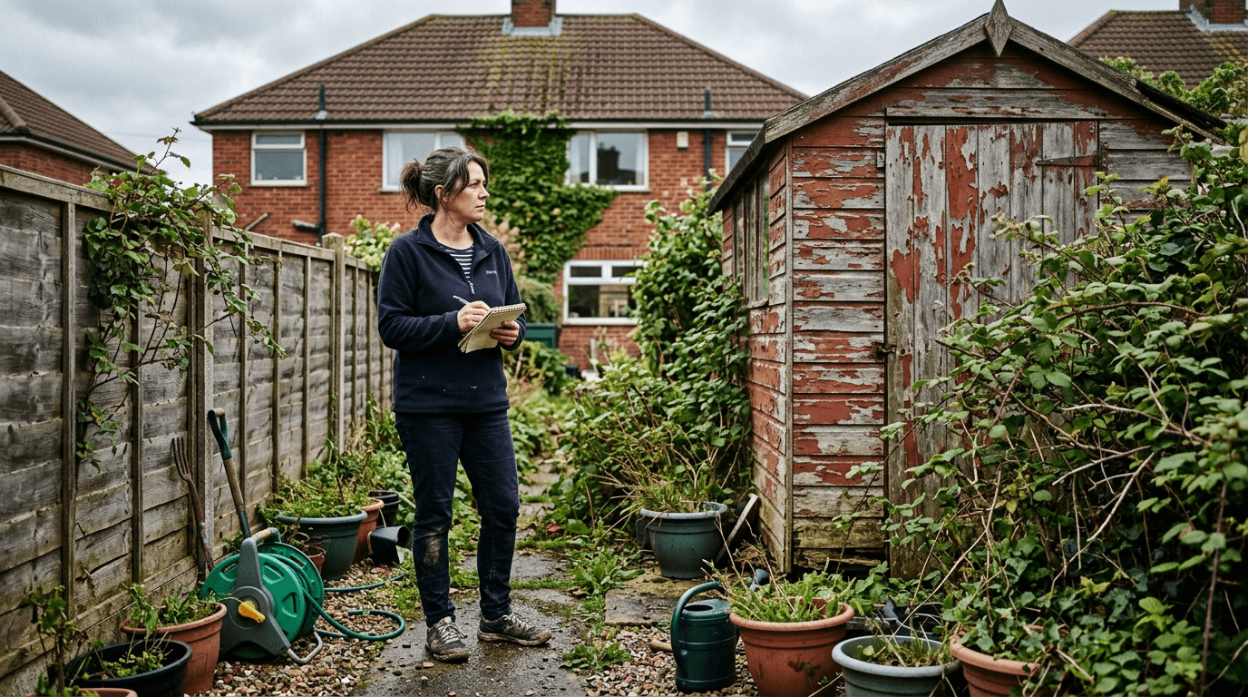UK homeowner reviewing fence and garden maintenance in a suburban garden [dedupe:taskino:blog:homeowner-maintenance-overwhelm:hero]
