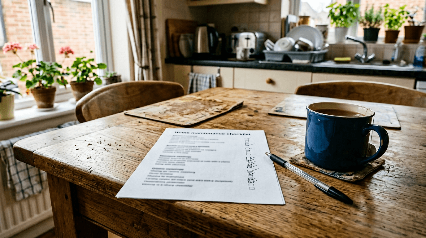 Home maintenance checklist and tea on a kitchen table in a UK home [dedupe:taskino:blog:homeowner-maintenance-overwhelm:inline-1]