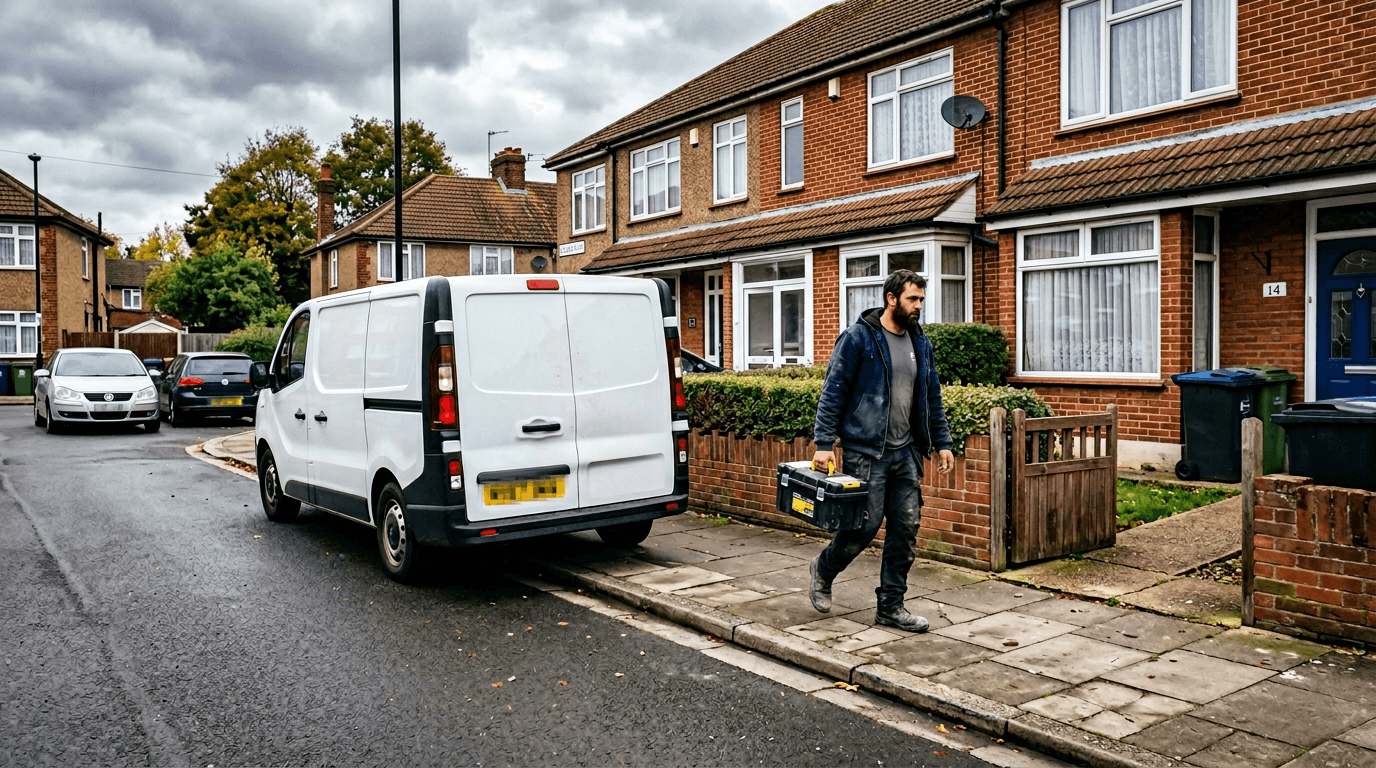 Tradesperson with van arriving at a UK home for booked repairs [dedupe:taskino:blog:homeowner-maintenance-overwhelm:inline-2]