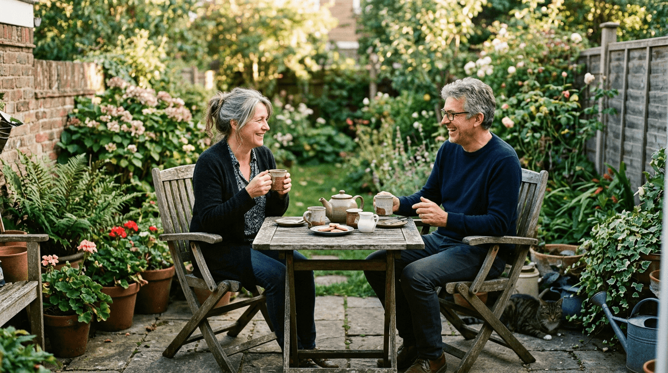 Couple relaxing on a UK patio after home maintenance progress [dedupe:taskino:blog:homeowner-maintenance-overwhelm:inline-3]