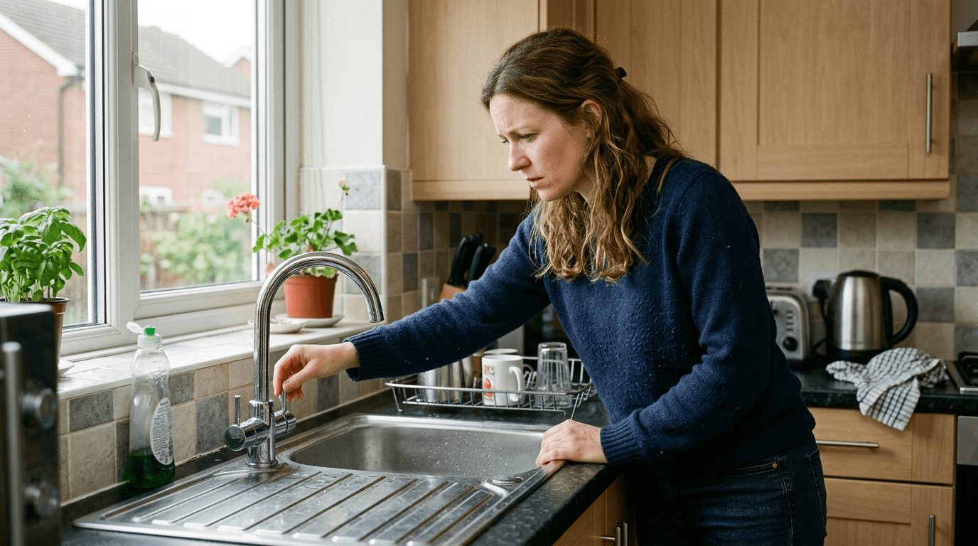 UK homeowner checking a kitchen mixer tap in daylight [dedupe:taskino:blog:homeowner-tap-anxiety:hero]