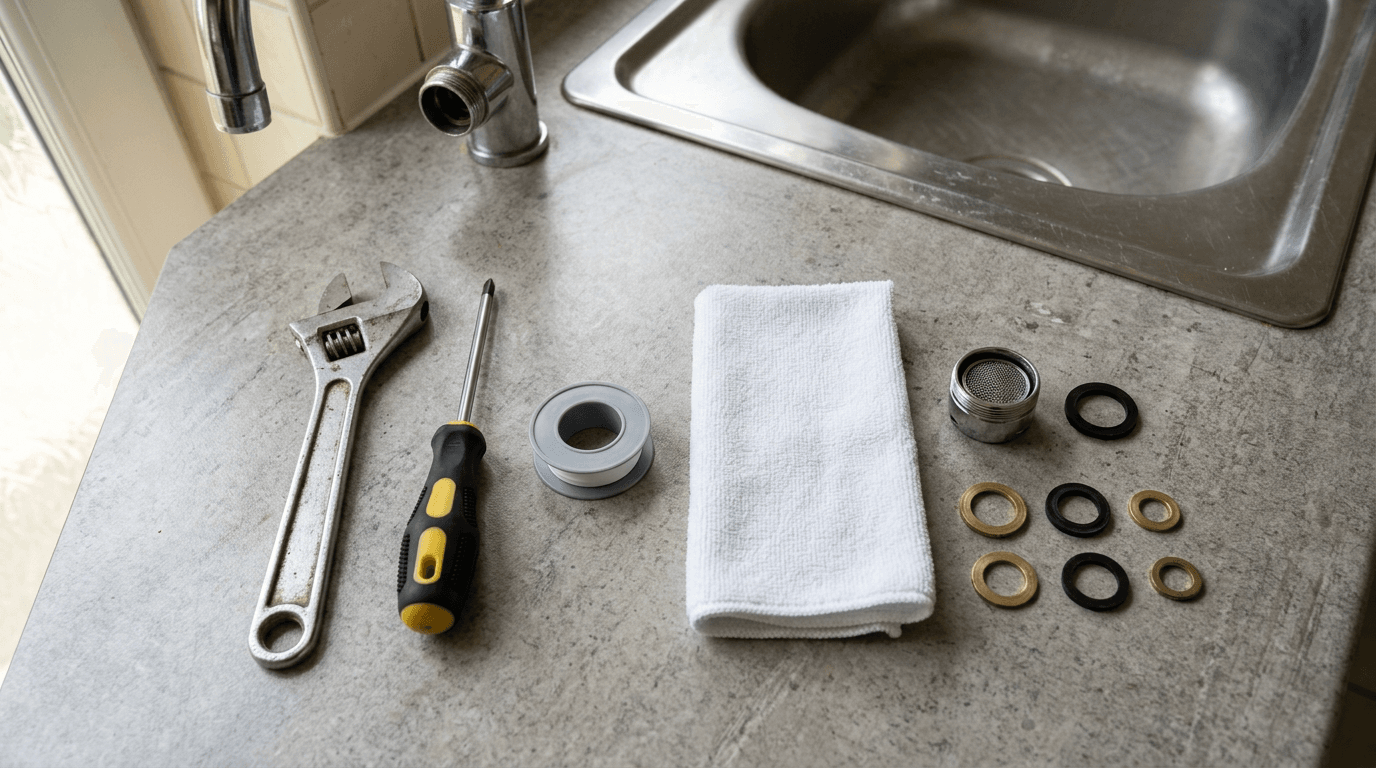 DIY tools and small plumbing parts on a kitchen worktop [dedupe:taskino:blog:homeowner-tap-anxiety:inline-1]