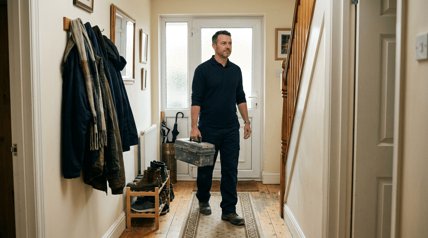 Professional tradesperson with toolbox in a UK home hallway [dedupe:taskino:blog:homeowner-tap-anxiety:inline-2]