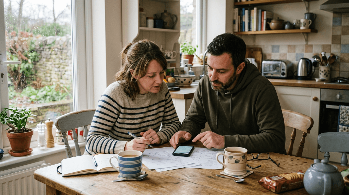 Couple reviewing notes and phone at a kitchen table [dedupe:taskino:blog:homeowner-tap-anxiety:inline-3]