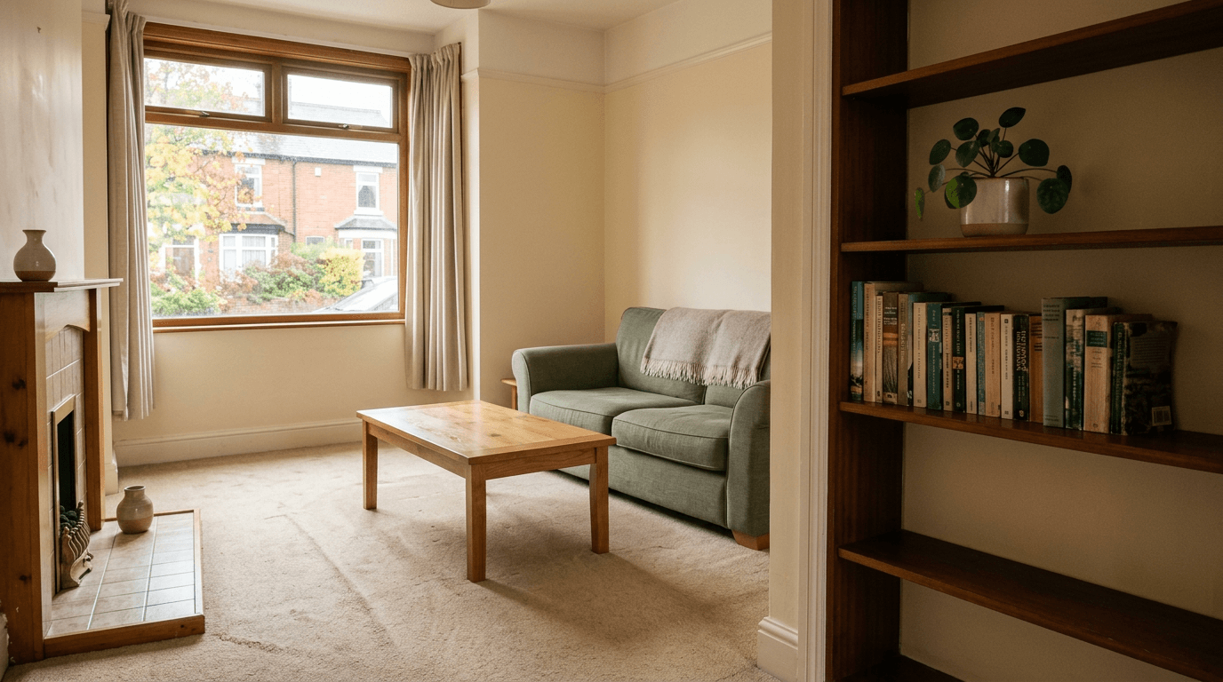 Freshly tidied UK living room with clear surfaces after decluttering [dedupe:taskino:blog:how-to-declutter-your-home-ruthlessly-step-by-step:hero]