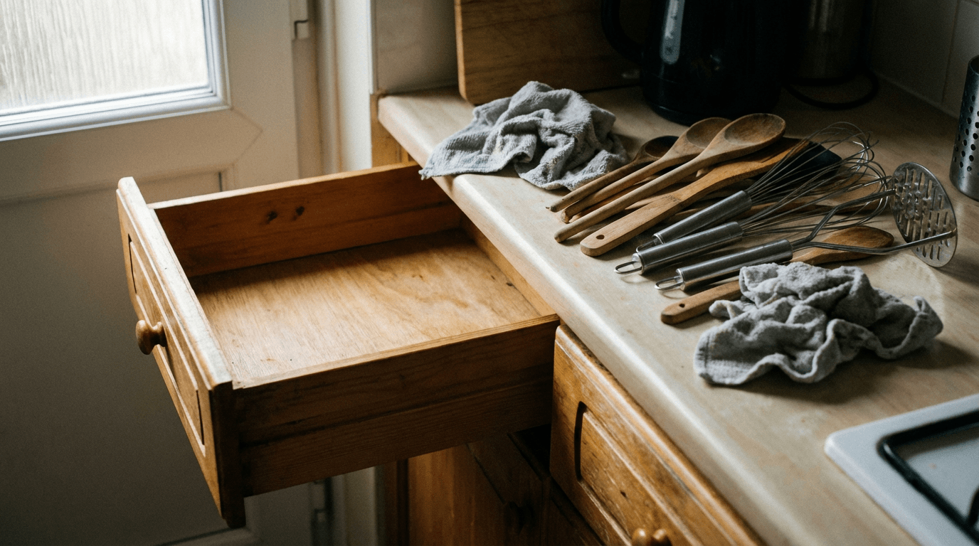 Empty kitchen drawer and utensils sorted on worktop [dedupe:taskino:blog:how-to-declutter-your-home-ruthlessly-step-by-step:inline-1]