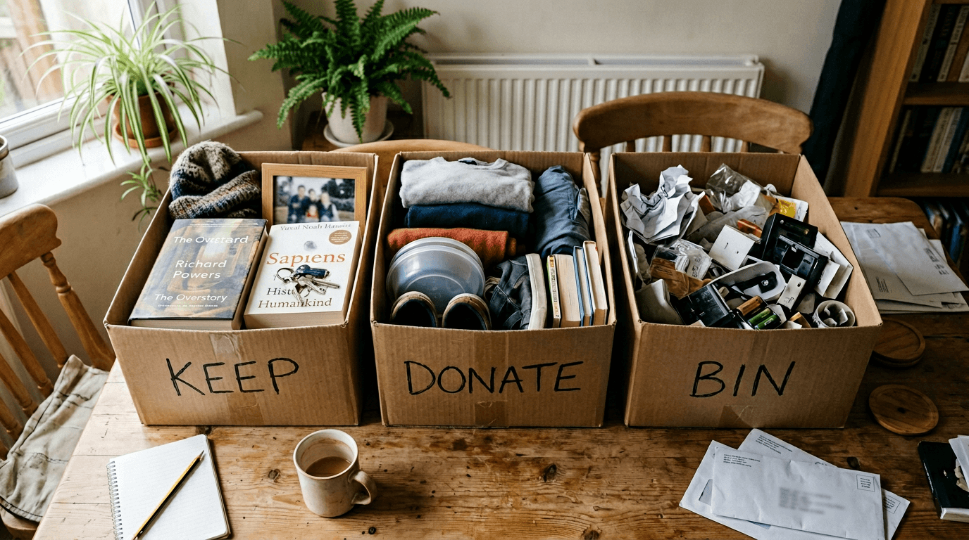 Keep donate and bin sorting boxes on a table [dedupe:taskino:blog:how-to-declutter-your-home-ruthlessly-step-by-step:inline-2]