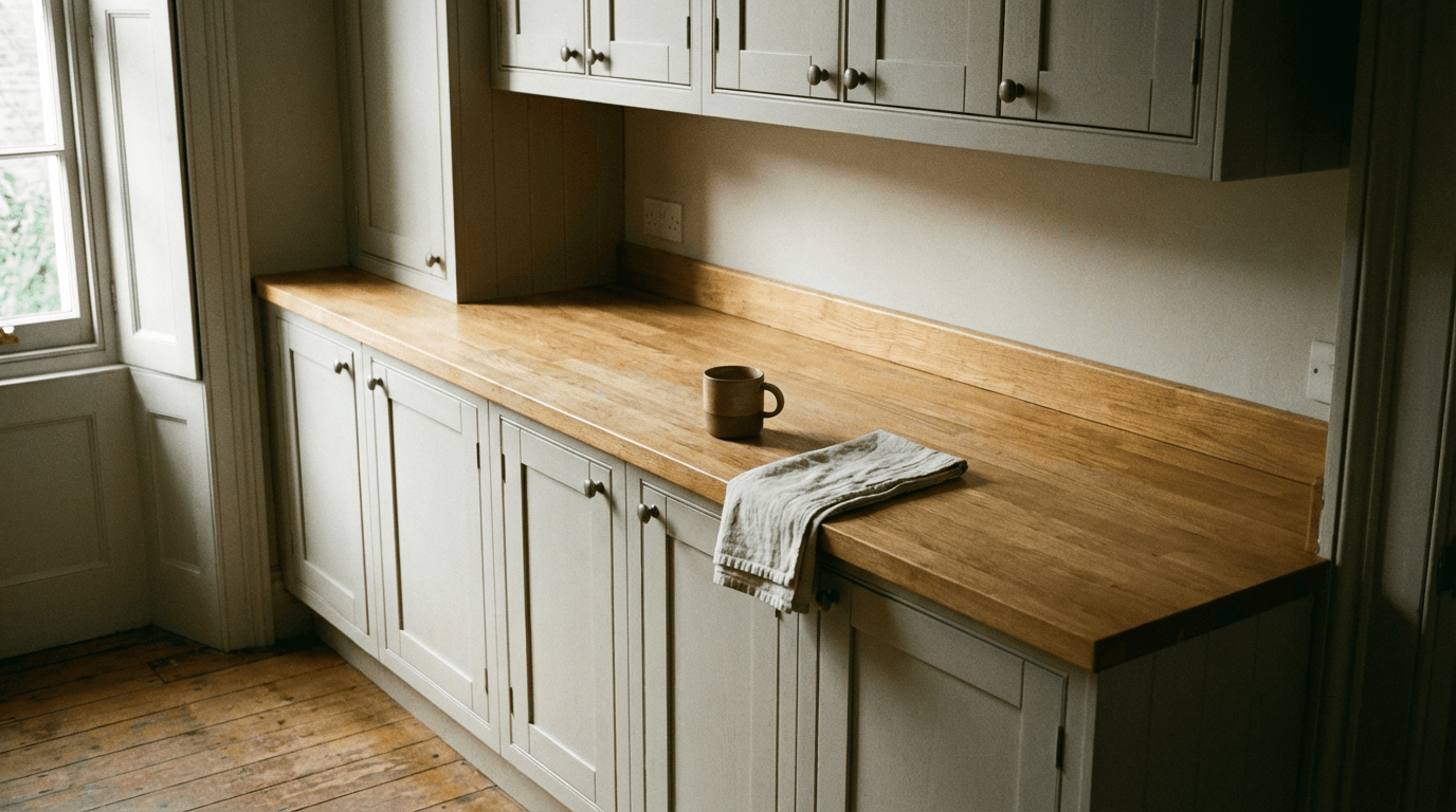 Clear kitchen worktop with minimal items for easier cleaning [dedupe:taskino:blog:how-to-declutter-your-home-ruthlessly-step-by-step:inline-3]