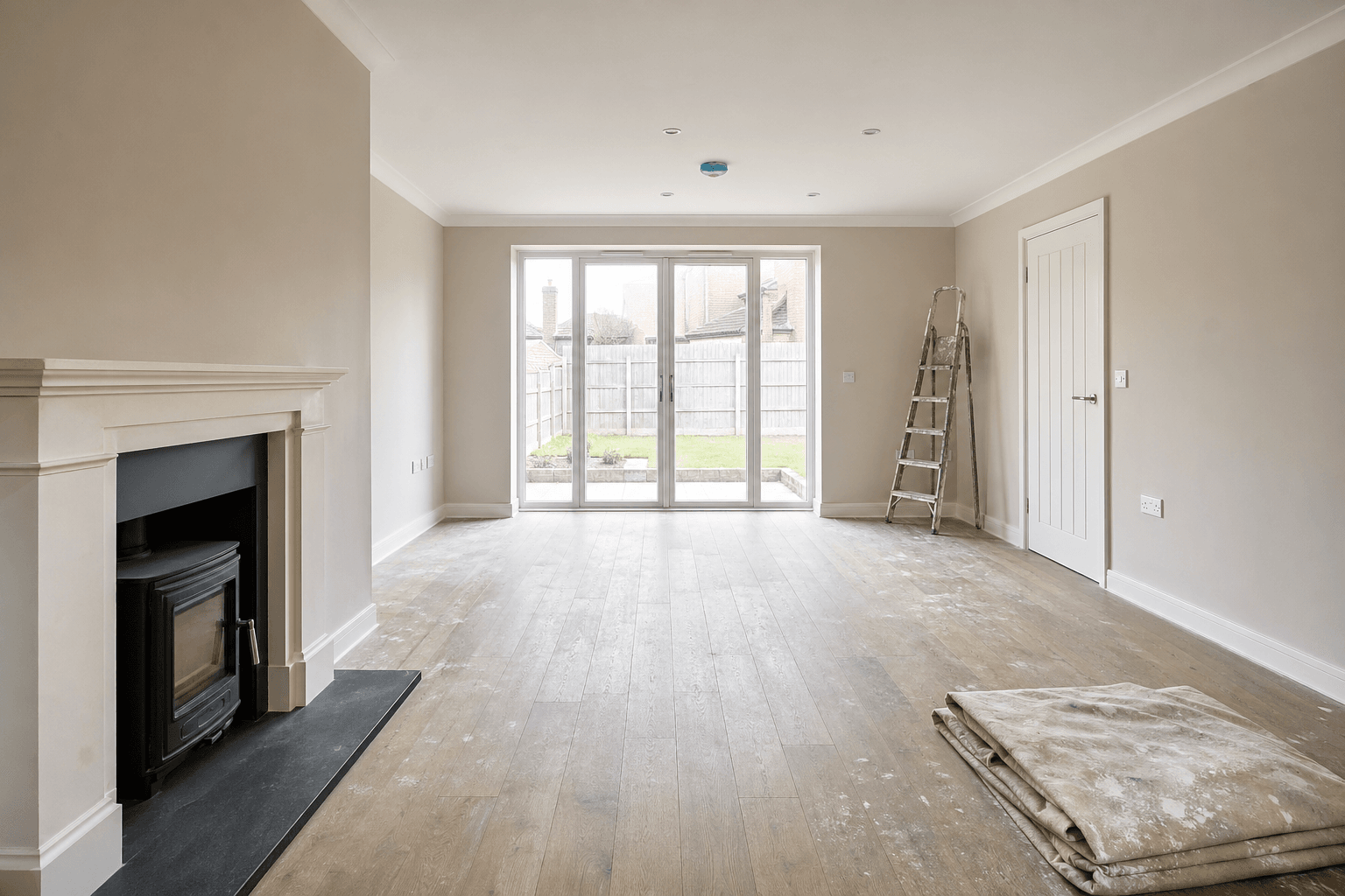 UK living room after renovation with dust sheets and daylight [dedupe:taskino:blog:post-build-clean-home-reset-maintenance:hero]