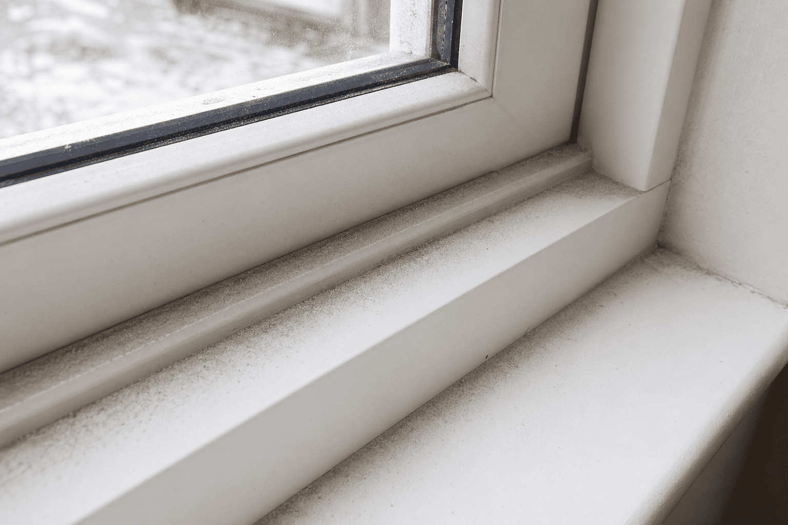 Fine construction dust in a UK window frame track [dedupe:taskino:blog:post-build-clean-home-reset-maintenance:inline-1]