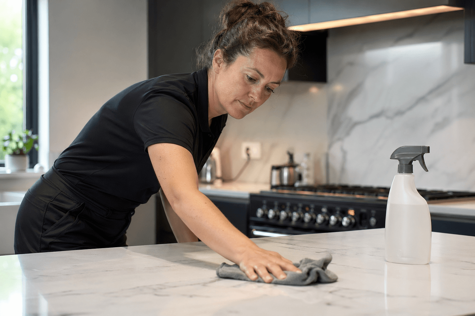 Professional cleaner wiping a UK kitchen worktop [dedupe:taskino:blog:post-build-clean-home-reset-maintenance:inline-2]