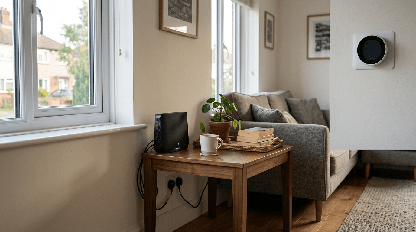 UK home living area with router and wall thermostat, editorial photograph [dedupe:taskino:blog:smart-home-mistakes-uk-homeowners:hero]