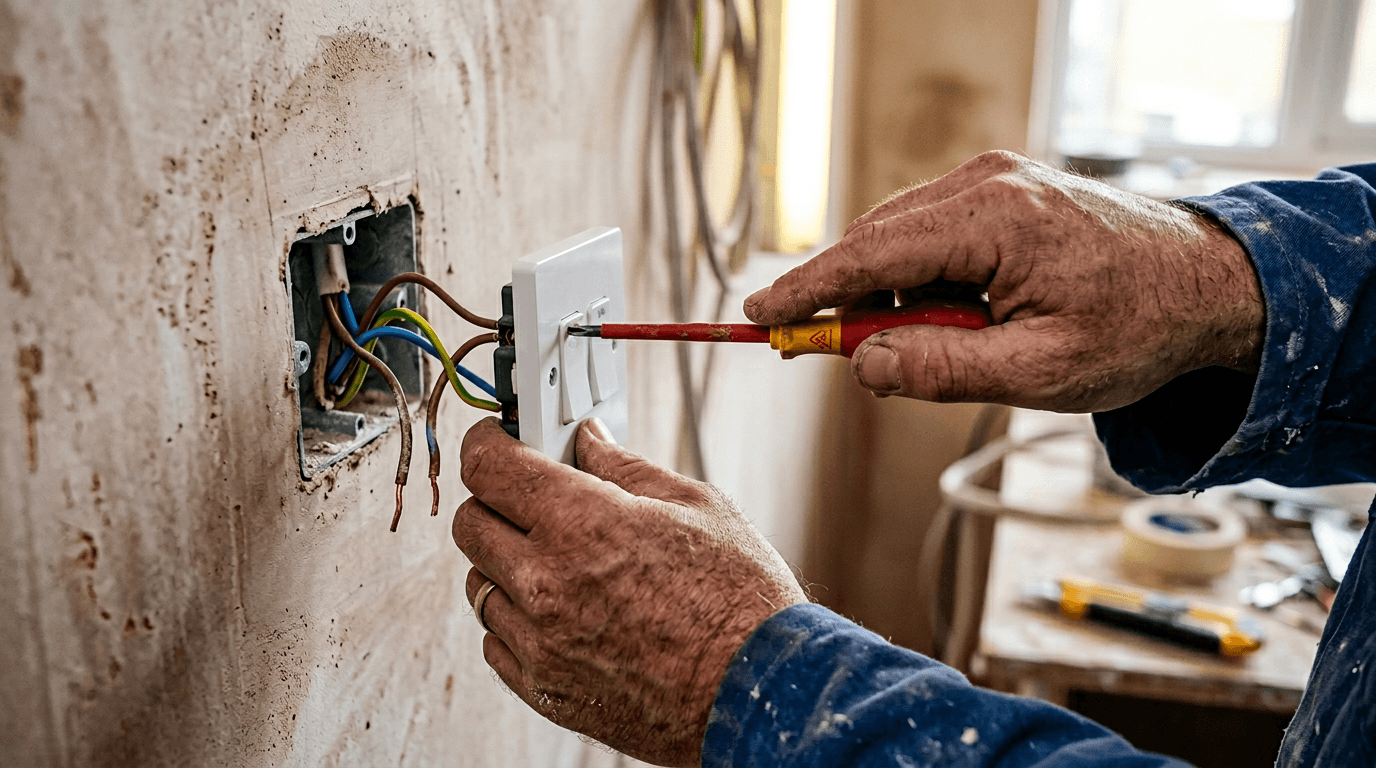 Electrician fitting a wall light switch in a UK home [dedupe:taskino:blog:smart-home-mistakes-uk-homeowners:inline-1]