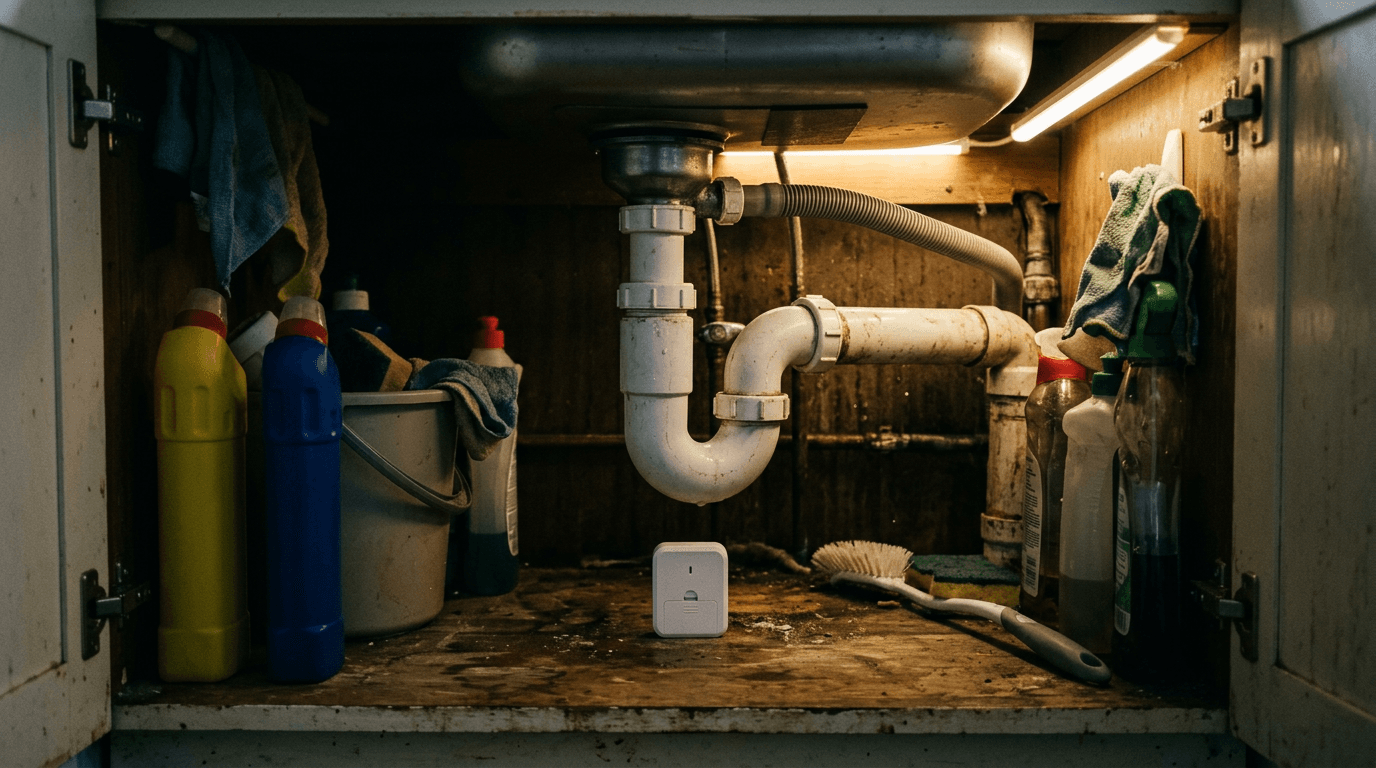 Under-sink cupboard with pipework and leak sensor [dedupe:taskino:blog:smart-home-mistakes-uk-homeowners:inline-2]