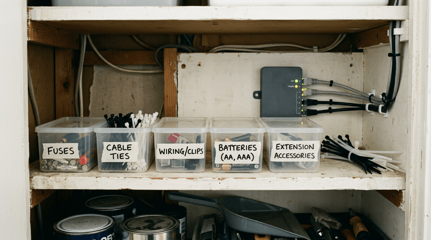 Labelled smart home hub shelf in a UK utility cupboard [dedupe:taskino:blog:smart-home-mistakes-uk-homeowners:inline-3]