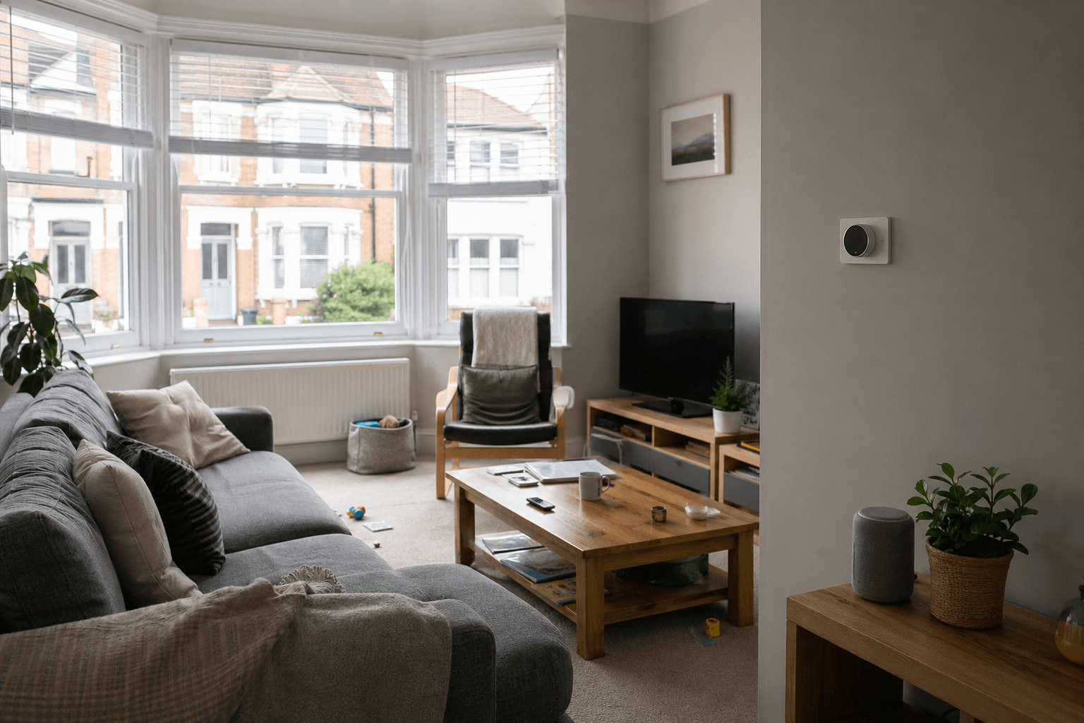 Smart thermostat and voice assistant in a tidy UK living room [dedupe:taskino:blog:smart-home-redo-lessons-uk:hero]
