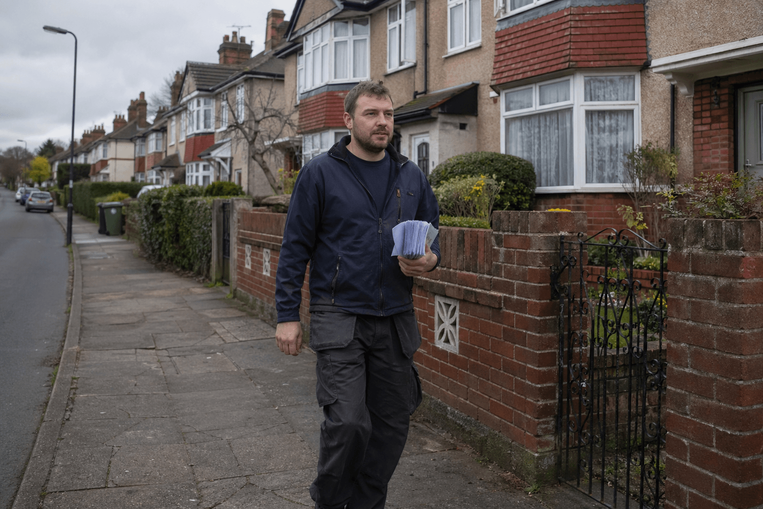 Person walking a UK residential street with flyers for local work [dedupe:taskino:blog:starting-lawn-care-bare-minimum-uk:inline-1]