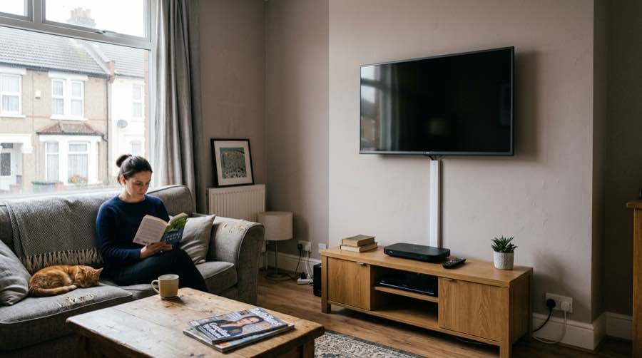 UK living room with a wall-mounted television and tidy cable routing [dedupe:taskino:blog:tv-mounting-at-home-what-to-check-before-you-book:hero]