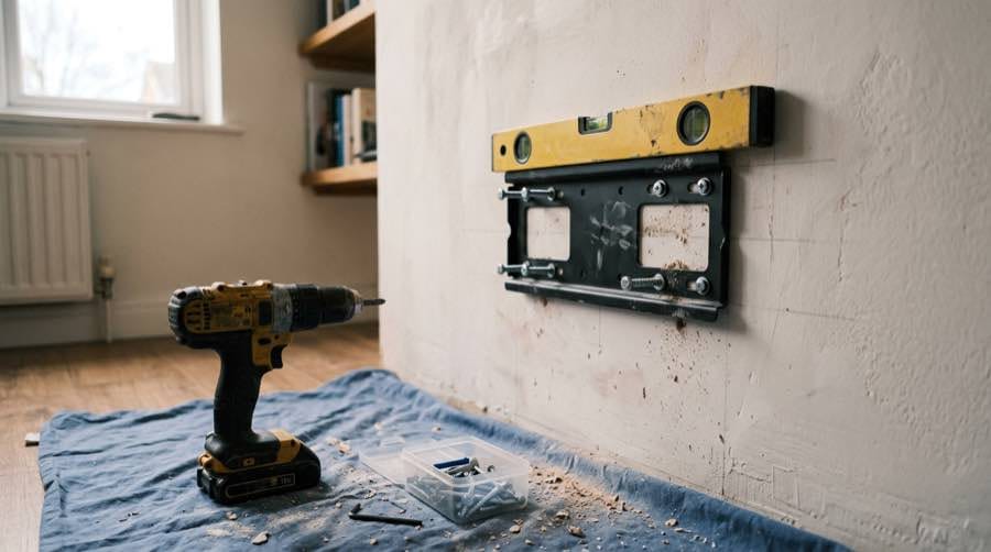 TV wall bracket and tools during installation on a UK home wall [dedupe:taskino:blog:tv-mounting-at-home-what-to-check-before-you-book:inline-1]