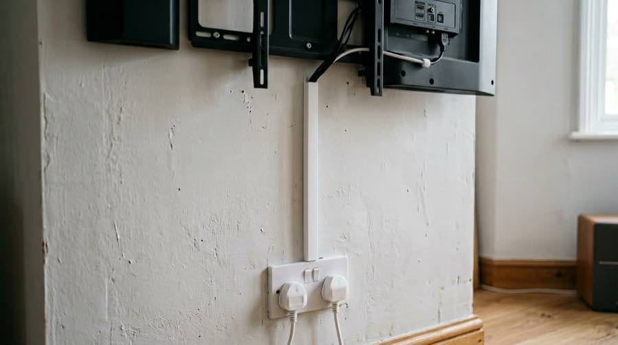 Neat cable trunking behind a wall-mounted TV [dedupe:taskino:blog:tv-mounting-at-home-what-to-check-before-you-book:inline-2]