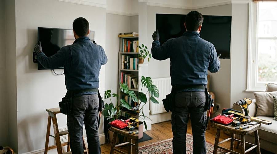 Installer adjusting a wall-mounted television [dedupe:taskino:blog:tv-mounting-at-home-what-to-check-before-you-book:inline-3]