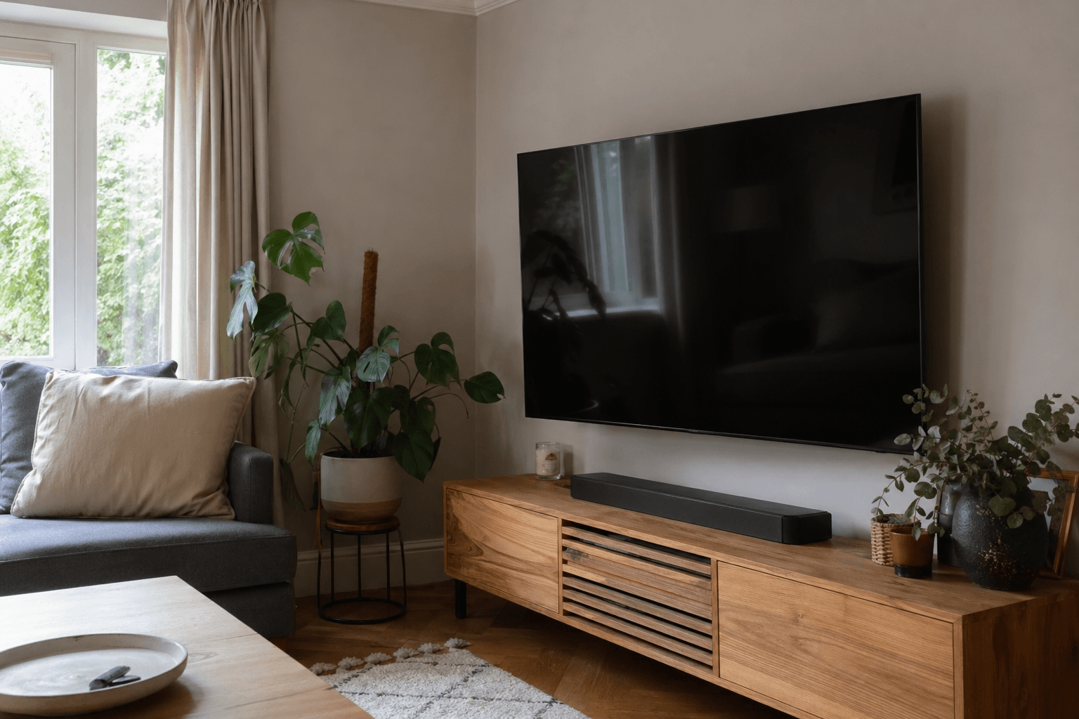Wall-mounted television in a UK living room [dedupe:taskino:blog:tv-wall-mount-vs-stand-uk-guide:hero]