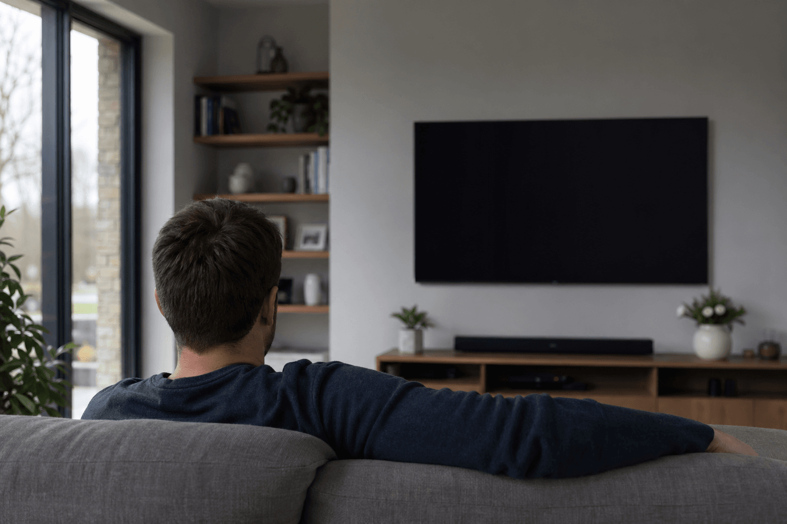 Viewer on sofa checking comfortable TV height [dedupe:taskino:blog:tv-wall-mount-vs-stand-uk-guide:inline-2]