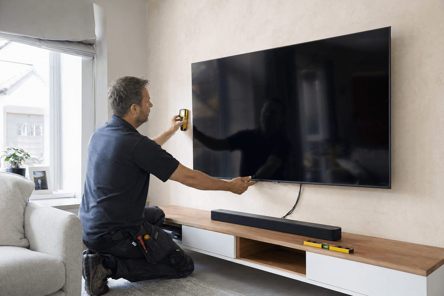 Handyman fitting a large TV to a UK living room wall at a sensible height [dedupe:taskino:blog:is-wall-mounting-a-tv-worth-it-long-term:hero]