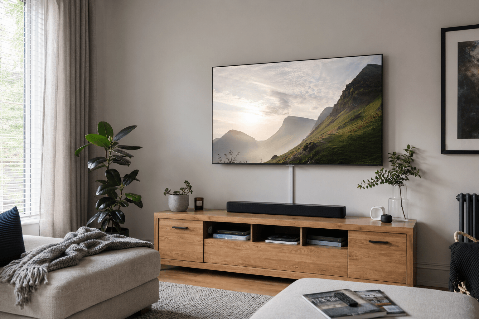 UK lounge with wall-mounted TV at seated eye level above low media cabinet [dedupe:taskino:blog:is-wall-mounting-a-tv-worth-it-long-term:inline-1]