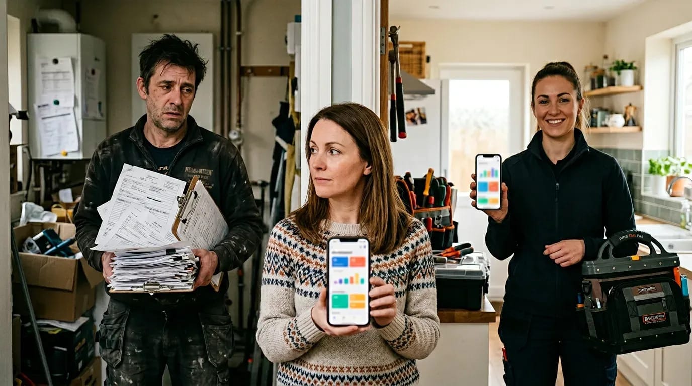 UK homeowner comparing cluttered multi-service paperwork with a clear bundled quote on a phone, split scene photoreal [dedupe:taskino:compare:compare-fantastic-services:hero-main]