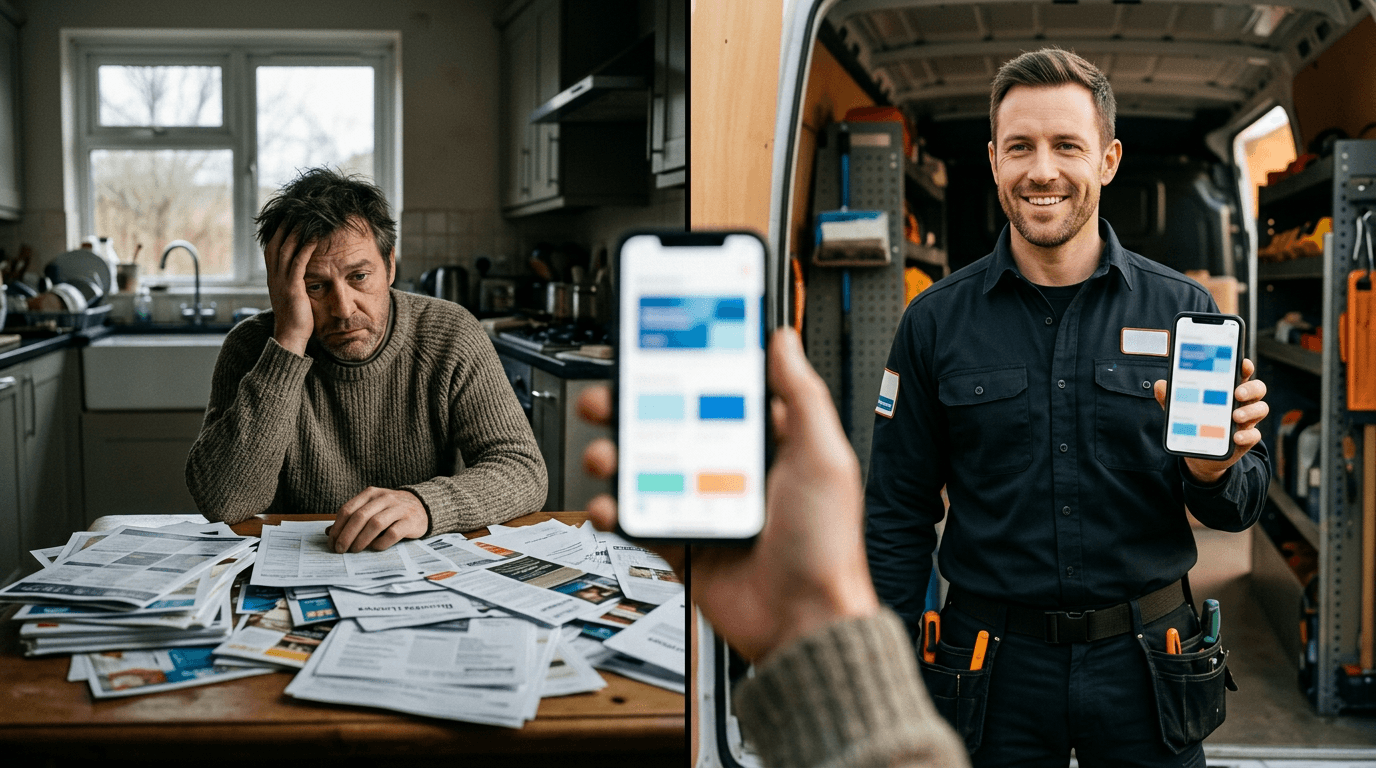 UK homeowner comparing directory clutter with clear bundled service on phone, split scene photoreal [dedupe:taskino:compare:compare-freeindex:hero-main]