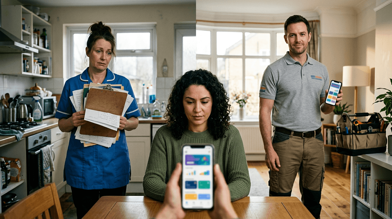 UK homeowner split decision scene cleaning platform vs clear bundled quote photoreal [dedupe:taskino:compare:compare-helpling:hero-main]