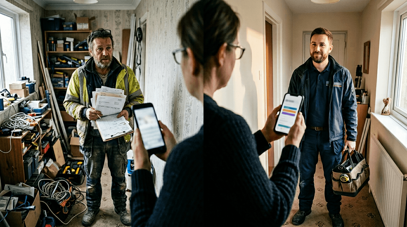 UK homeowner comparing cluttered app task booking with clear bundled quote on phone, split scene photoreal [dedupe:taskino:compare:compare-handy:hero-main]