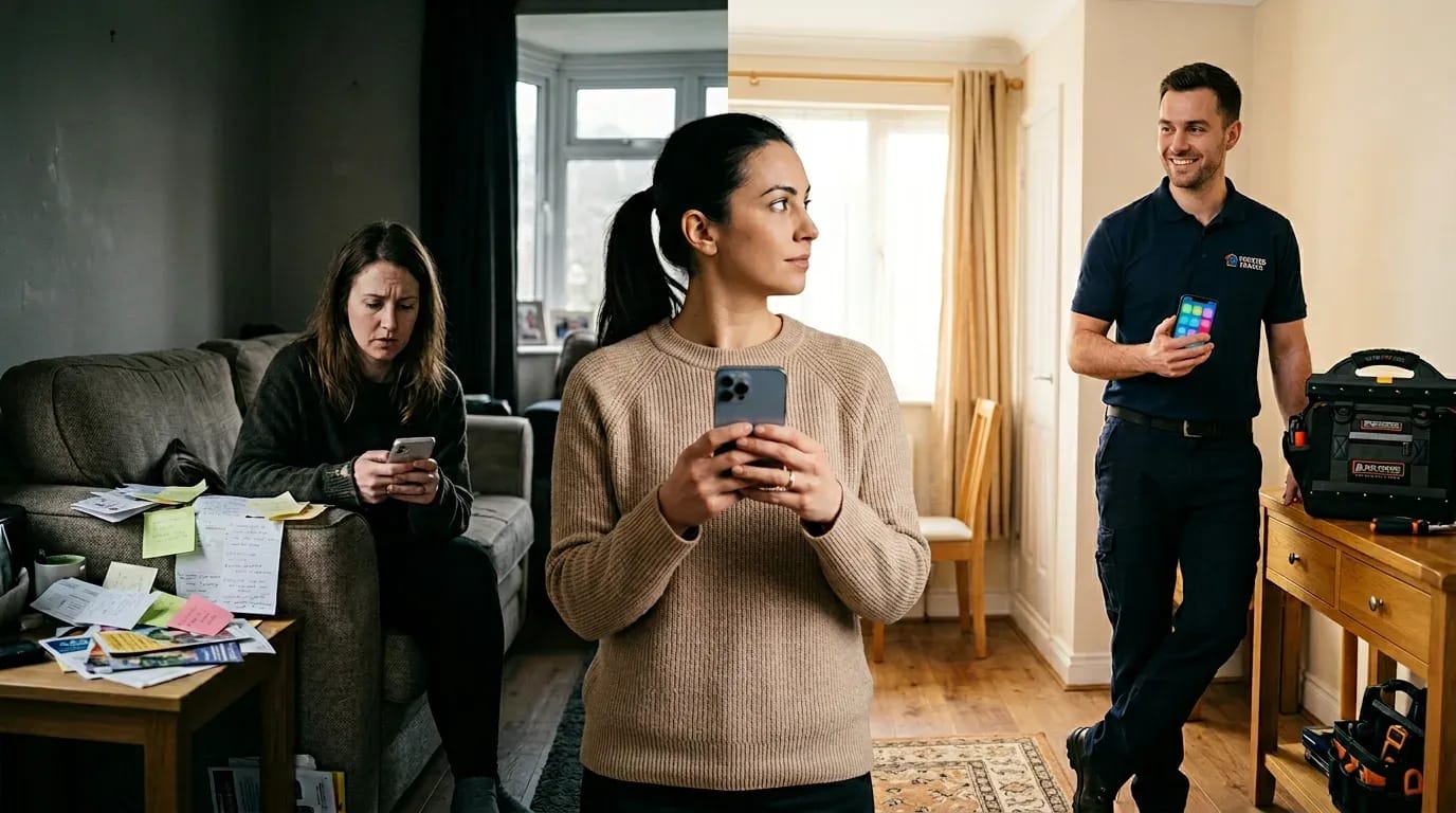 UK homeowner comparing informal neighbour tips with a clear bundled home quote on phone, split scene photoreal [dedupe:taskino:compare:compare-nextdoor:hero-main]