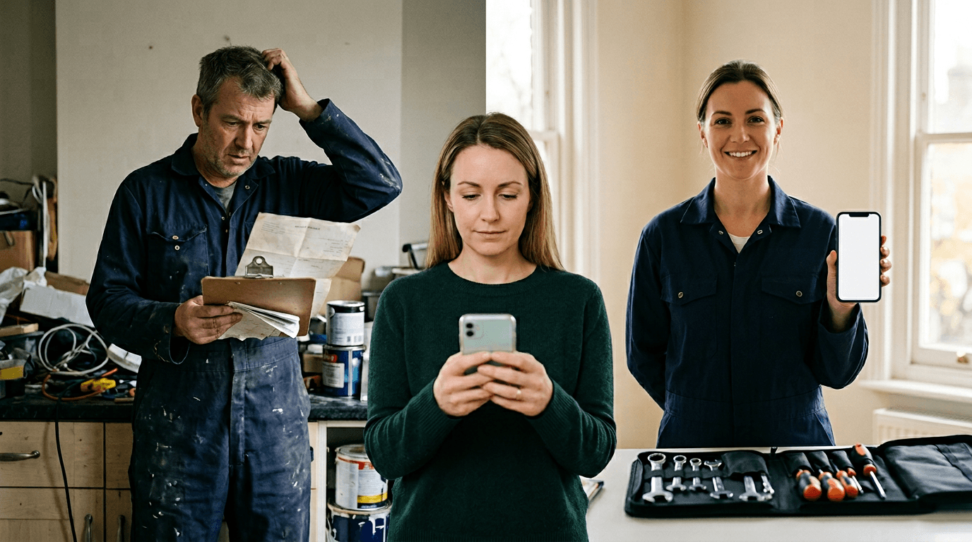 UK homeowner comparing hourly handyman clutter with a clear bundled quote on a phone, split scene photoreal [dedupe:taskino:compare:vs-handysquad:hero-main]