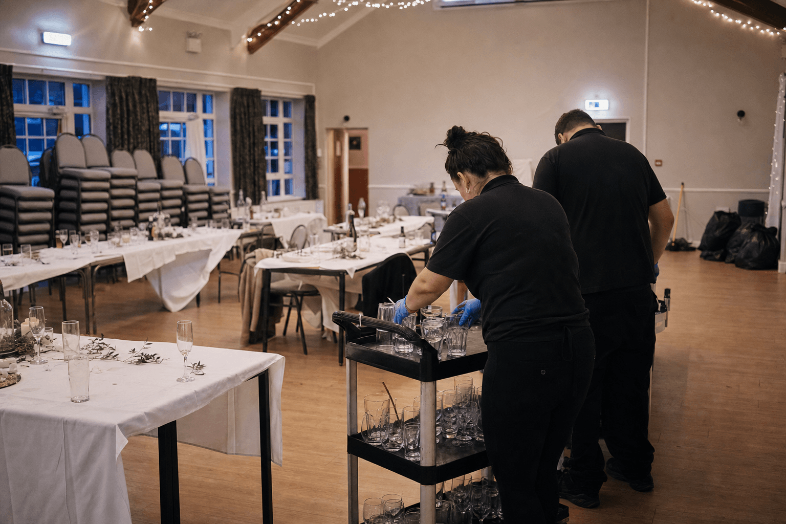Event venue strike crew tidying tables after a reception [dedupe:taskino:service:event-cleanup:banner]