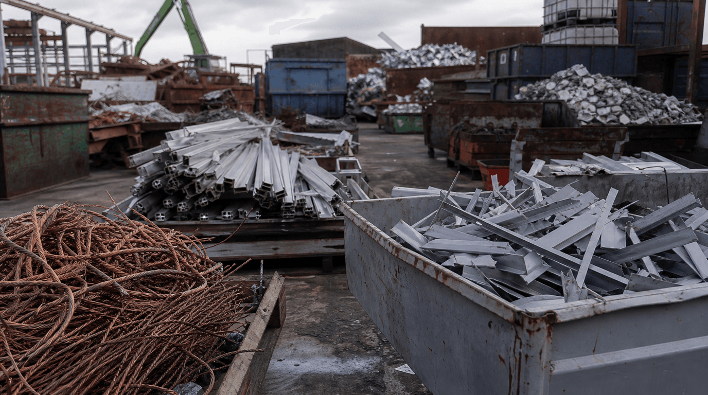 Sorted copper and aluminium scrap at a UK recycling yard [dedupe:taskino:service:scrap-metal-removal:banner:v2]