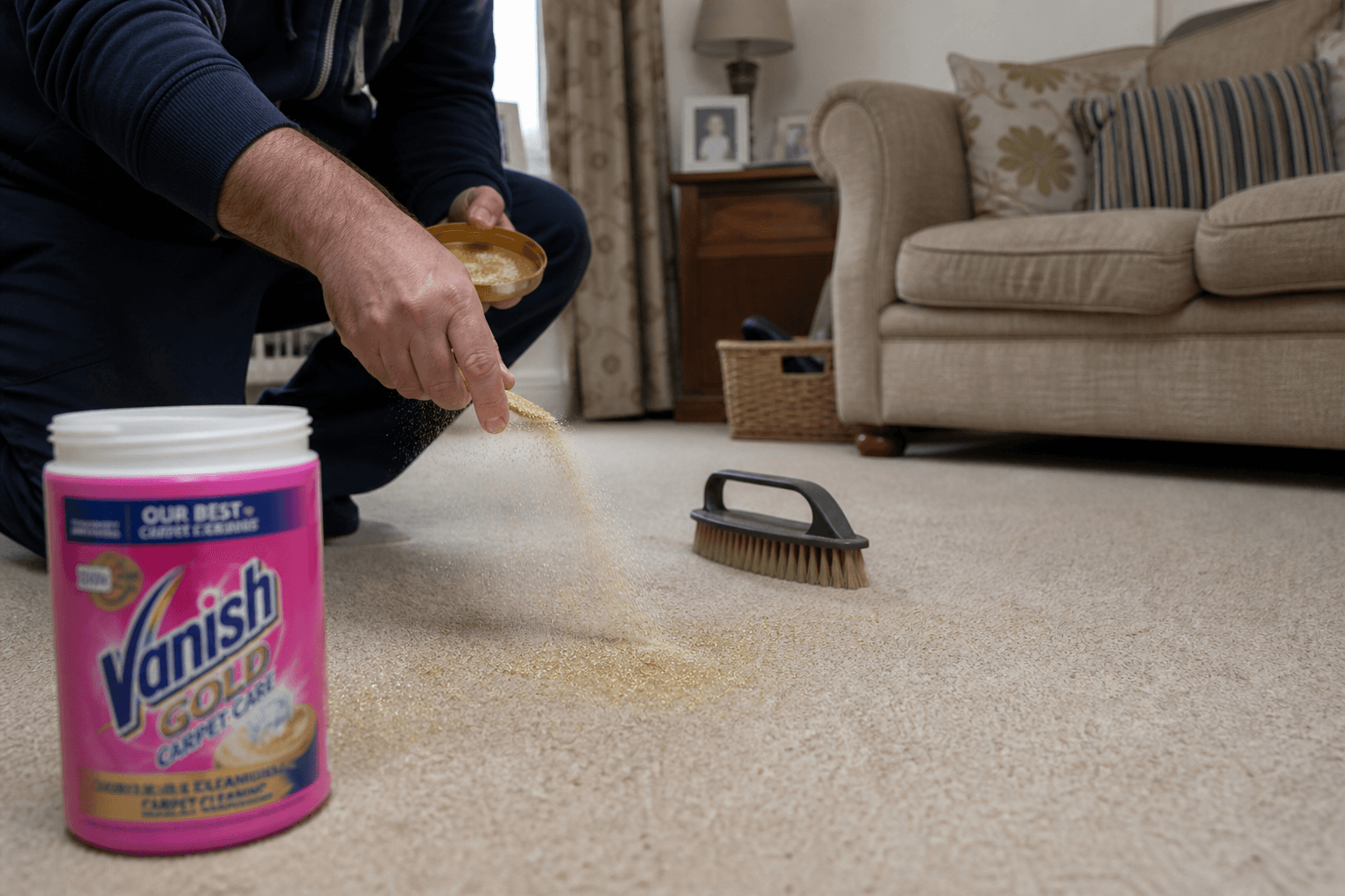 Sprinkling carpet cleaning powder on a beige UK lounge carpet during a home test