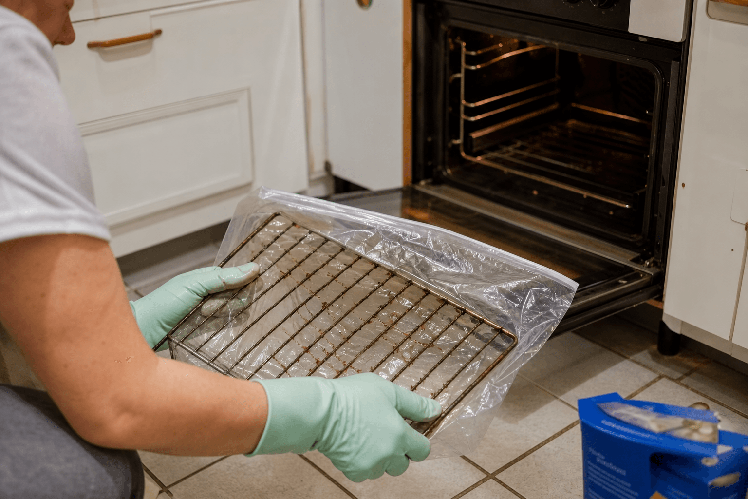 Oven rack in a sealed cleaning bag with gel in a UK kitchen during deep cleaning