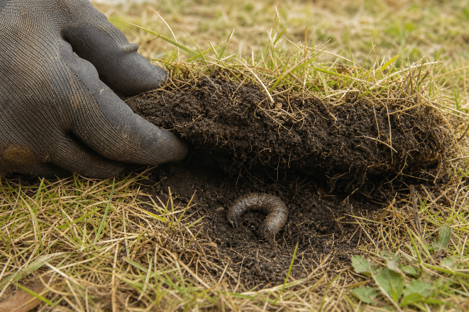 Gloved hand peeling UK lawn turf revealing leatherjacket larva under yellow patch