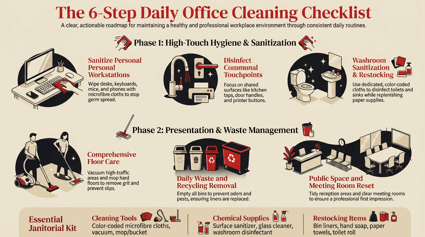 Infographic of the seven essential daily office cleaning tasks, by Taskino