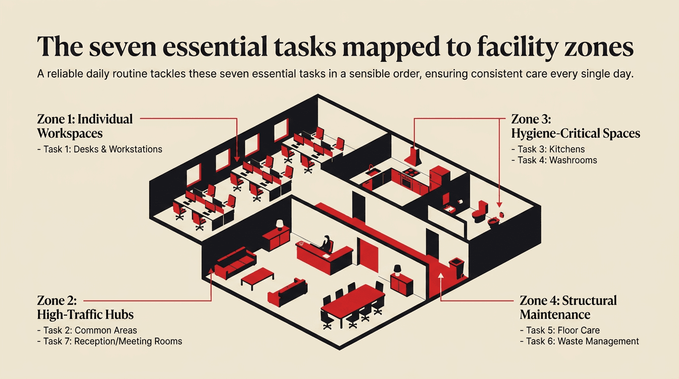 Diagram mapping the seven daily office cleaning tasks to workplace zones, by Taskino