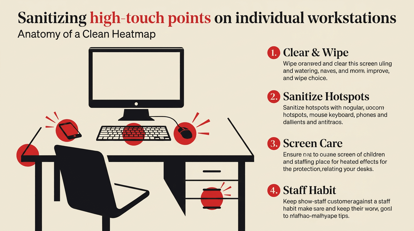 Diagram of the high-touch points to sanitise on an office workstation, by Taskino