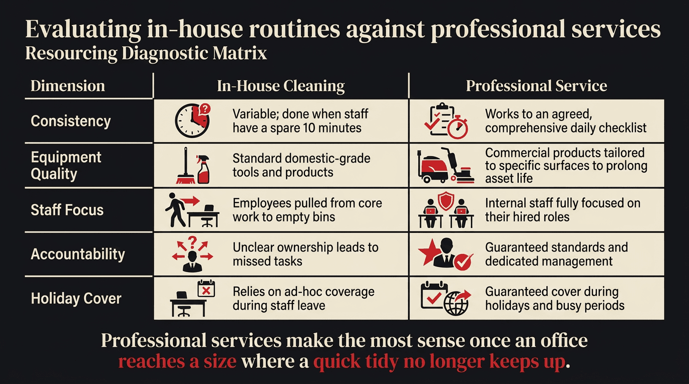 Comparison of in-house cleaning against a professional office cleaning service, by Taskino