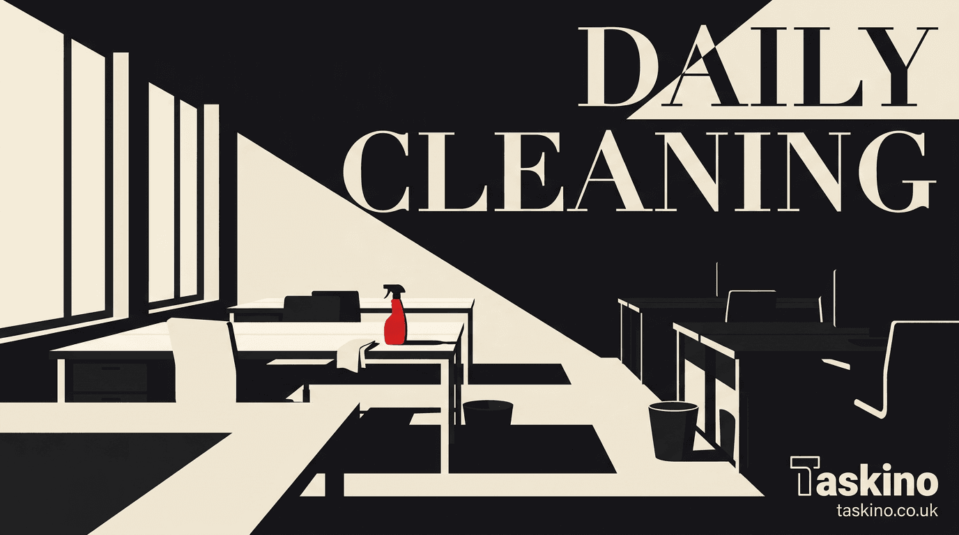 Flat-vector illustration of daily office cleaning, for a Taskino guide to the seven essential tasks